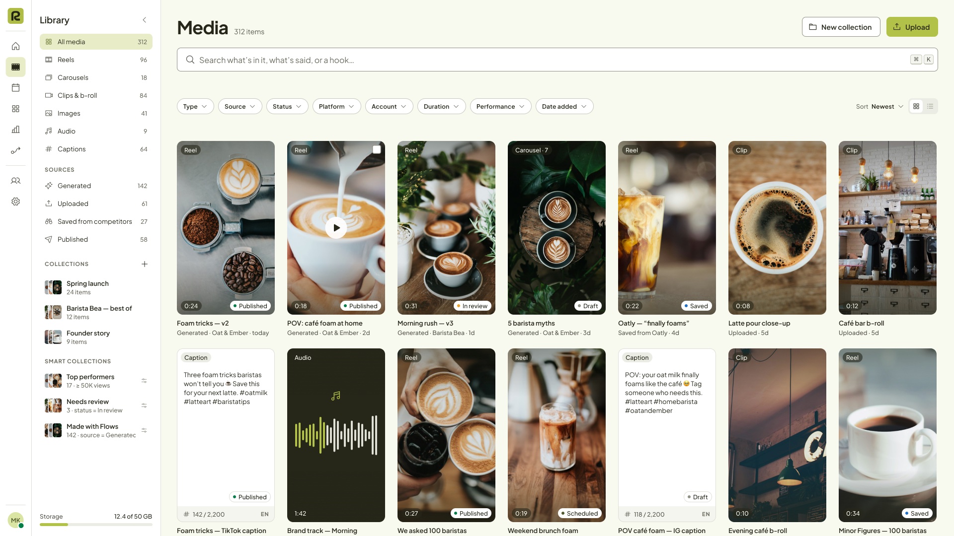 The Reelplicate media library: a grid of generated and published reels with their status